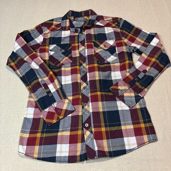BKE Buckle Athletic Fit Long Sleeve Red Blue Plaid Button Down Shirt Men’s Sz L - Picture 2 of 6